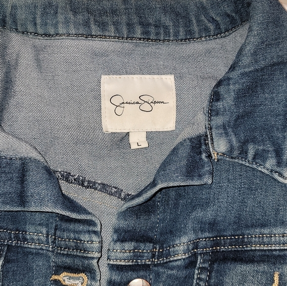 Jessica Simpson Long Sleeve Classic Denim Jacket w/distressed Elbows Size Large - Picture 4 of 7